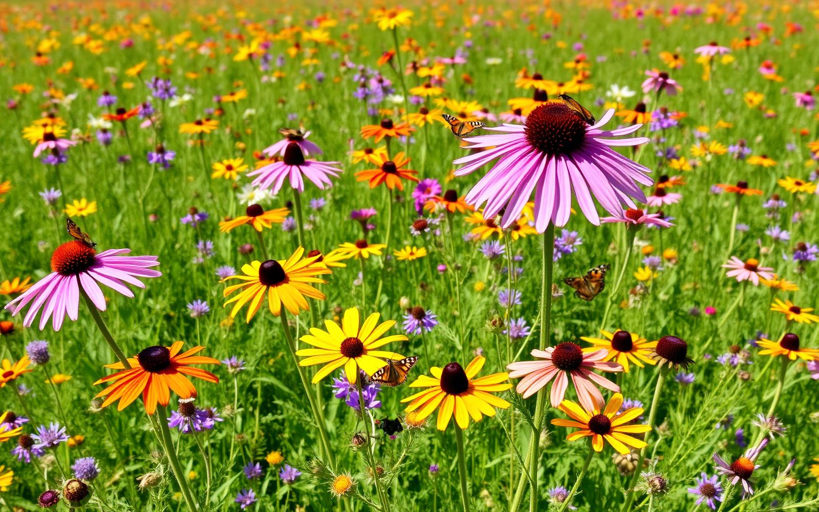 Native pollinator meadow in bloom — purple coneflower, black-eyed susan and monarch butterflies