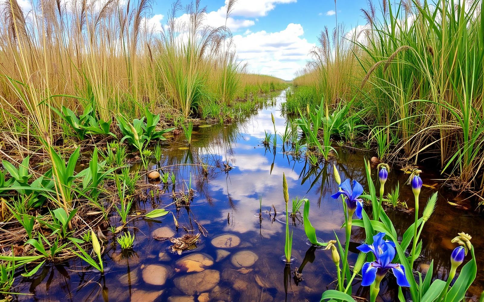 Wet prairie and wetland buffer with sedges, rushes and blue flag iris reflecting sky
