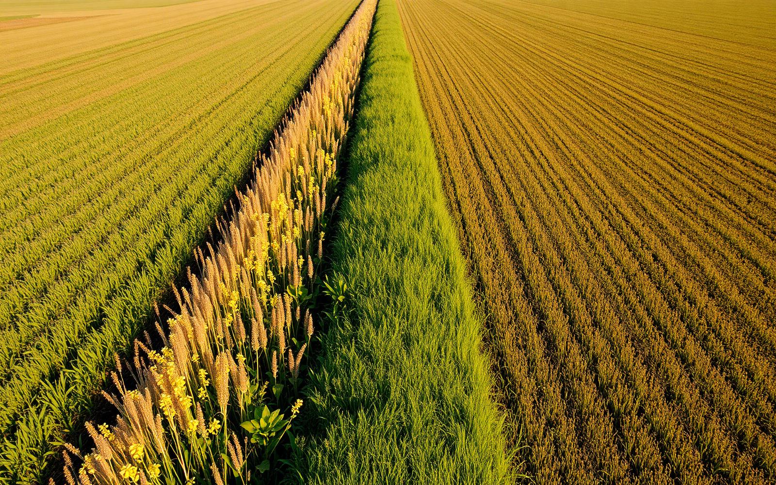Native prairie strip between row-crop fields — CRP conservation buffer at golden hour