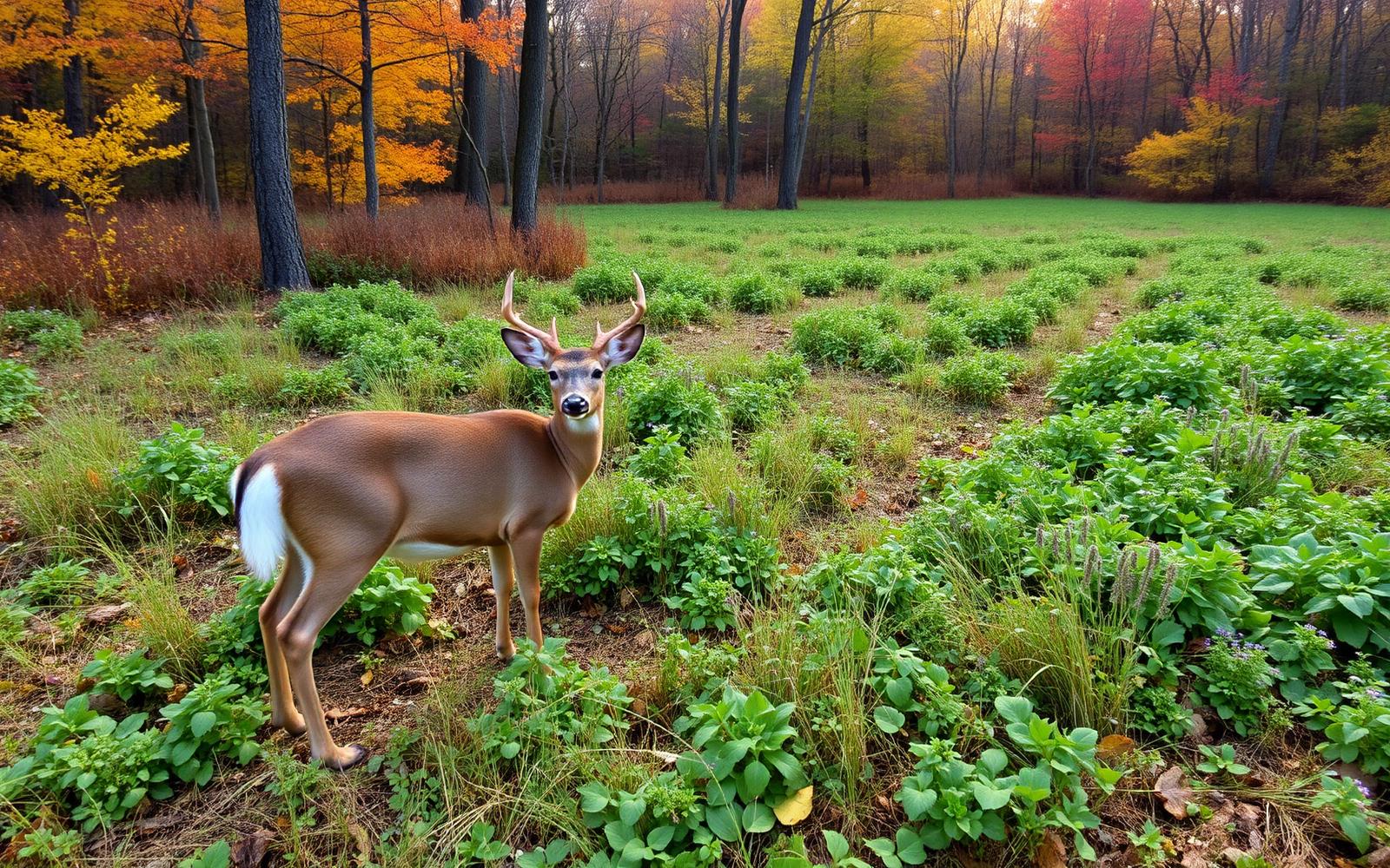 Whitetail deer in a native food plot of brassicas and clover at the edge of an autumn woodland